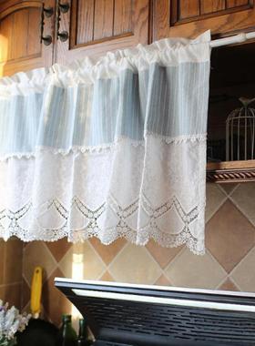 美棉式白色布绣花蕾丝GEV条纹半遮帘挡免裙门帘幔头打孔穿杆窗帘