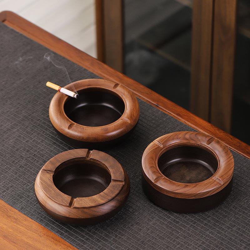 胡桃木灰缸家大号个性创意茶烟SIX几式摆件中复用古黑檀实木烟灰
