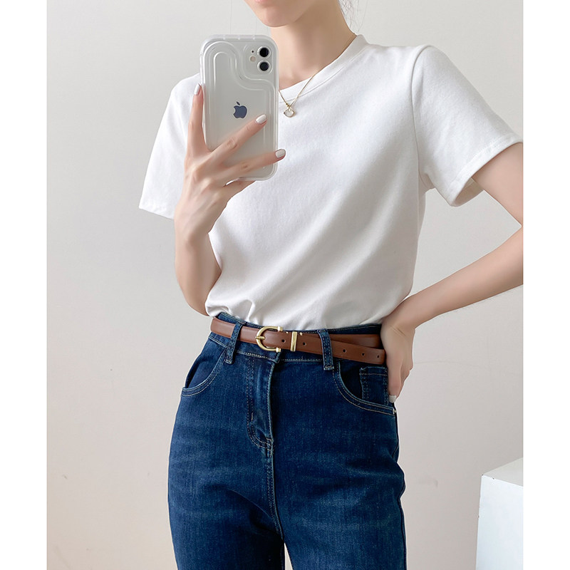 女士纯棉白色t恤女短袖2025新款夏季正肩纯白上衣百搭圆领打底衫