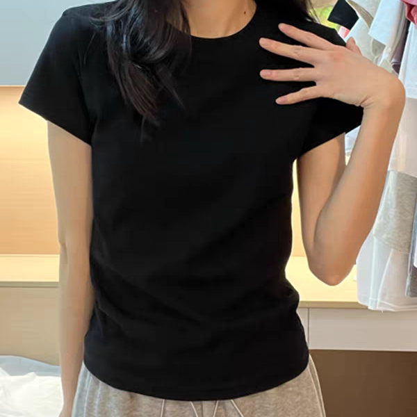 夏季棉质黑色修身显瘦短袖T恤女
