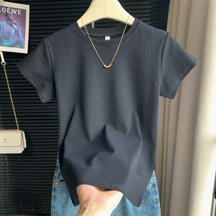 欧货显瘦圆领棉质叠穿上衣 打底衫 美式 白色t恤女260g重磅正肩短袖