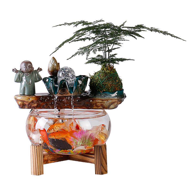 水循环流水摆件客厅书房办公室养金鱼缸圆形客厅小型桌面超白玻璃
