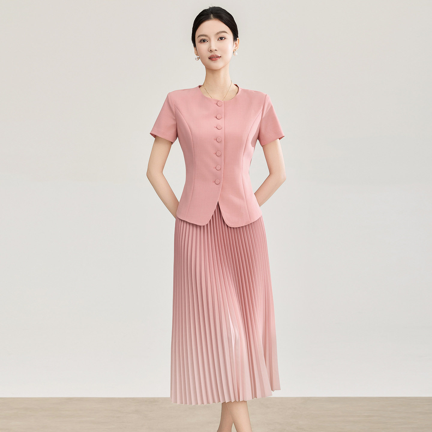 春夏新款高级感优雅通勤气质短袖上衣时尚渐变百褶半身裙两件套装