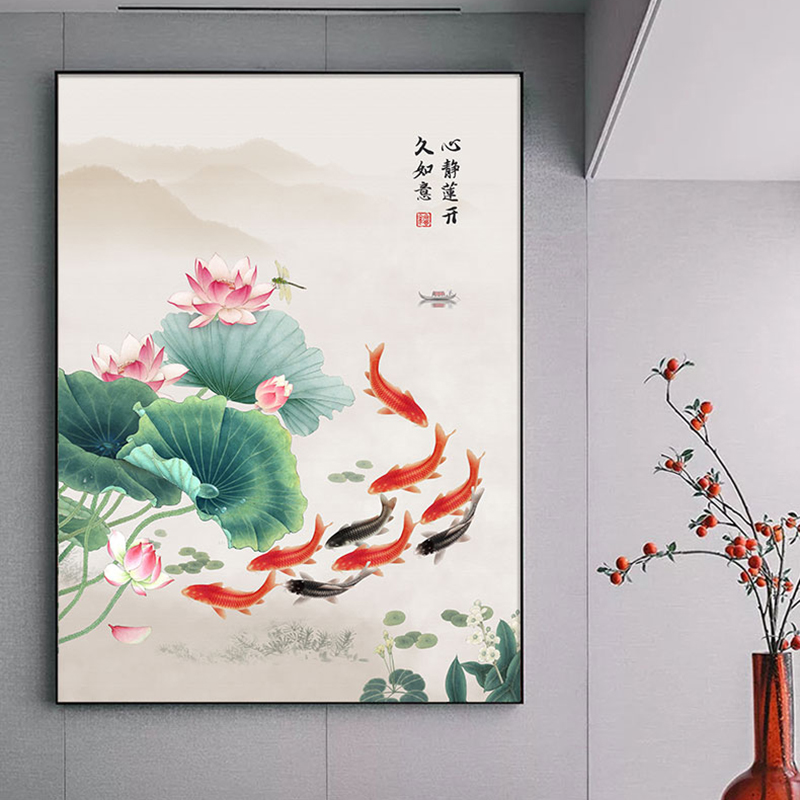 新中式荷花鱼图玄关装饰画莲花荷叶客厅沙发背景9鲤鱼晶瓷挂画图片