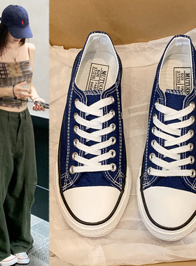 蓝色低帮帆布鞋女2026春夏新款系带学生板鞋百搭透气情侣款休闲鞋