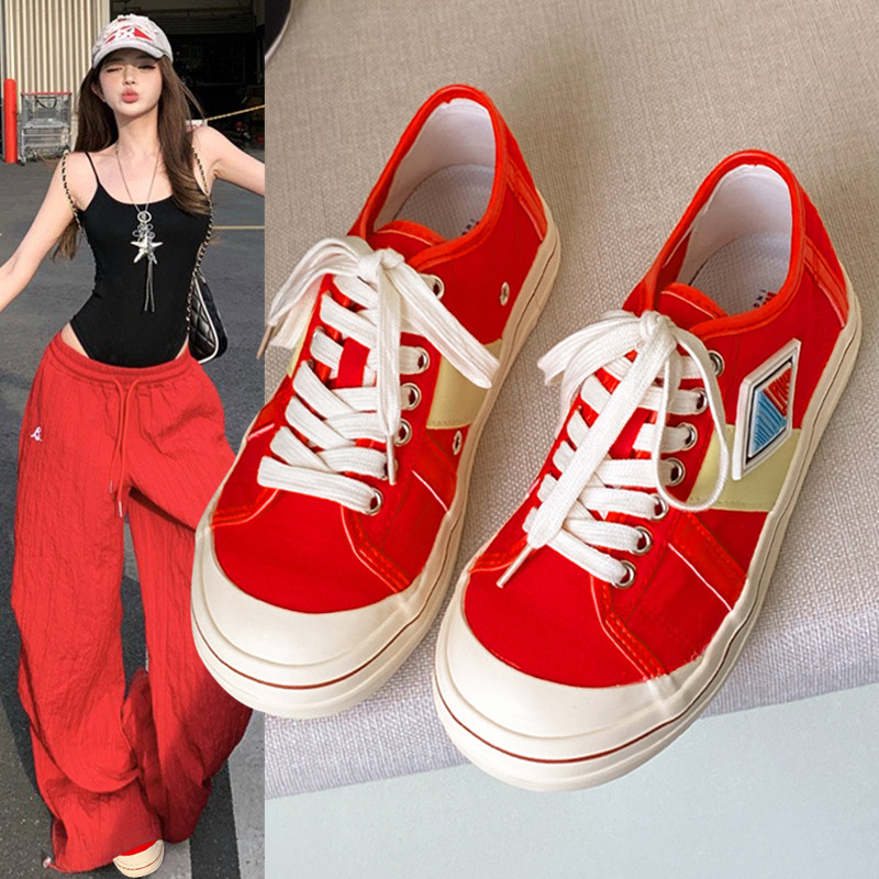 红色低帮帆布鞋女夏季薄款2025秋季新款时尚百搭平底休闲拼色板鞋,女鞋,休闲板鞋,淘宝优惠券,粉丝福利购,淘宝优惠卷