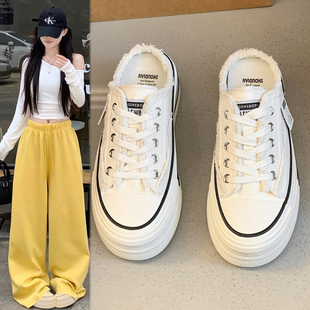 包头半拖鞋女夏季外穿2025新款低帮无后跟懒人乞丐风厚底帆布鞋子