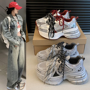 安可拉红厚底老爹鞋女秋季2026新款休闲百搭透气网面运动鞋ins潮