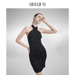 【96%醋酸】OREQUO HOLIDAY交叉挂脖性感豹纹连衣裙女露背包臀裙