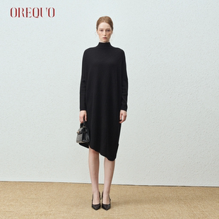 OREQUO100%纯羊毛连衣裙女士2025新款 针织长裙 高领显瘦毛衣中长款