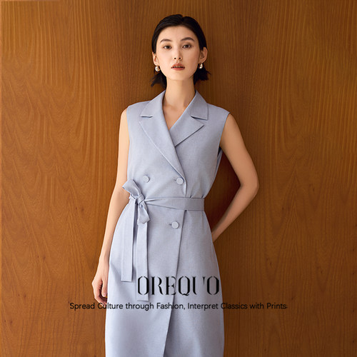 西装领气质腰带无袖复古连衣裙