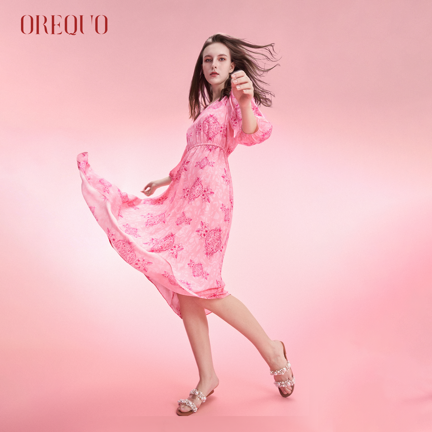 【100%桑蚕丝】OREQUO HOLIDAY粉色真丝连衣裙女海边度假休闲长裙,女装/女士精品,连衣裙,淘宝优惠券,粉丝福利购,淘宝优惠卷