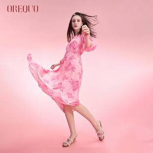 【100%桑蚕丝】OREQUO HOLIDAY粉色真丝连衣裙女海边度假休闲长裙