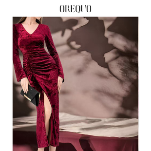 OREQUO HOLIDAY意大利设计师原创年会轻奢高级宴会复古红晚礼裙服