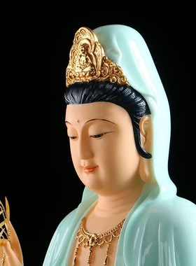 速发宝成佛具汉白玉石雕天青釉观音佛像娑婆三圣客厅供佛摆件