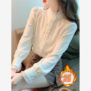 香港TIMO木耳边立领加绒衬衫女秋冬打底衫内搭气质宫廷风雪纺上衣