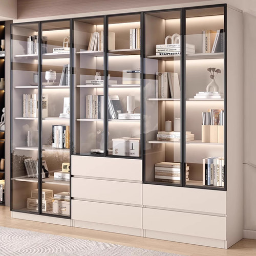 实木书柜一体整墙储物柜家用客厅展示柜带玻璃门自由组合柜子定制