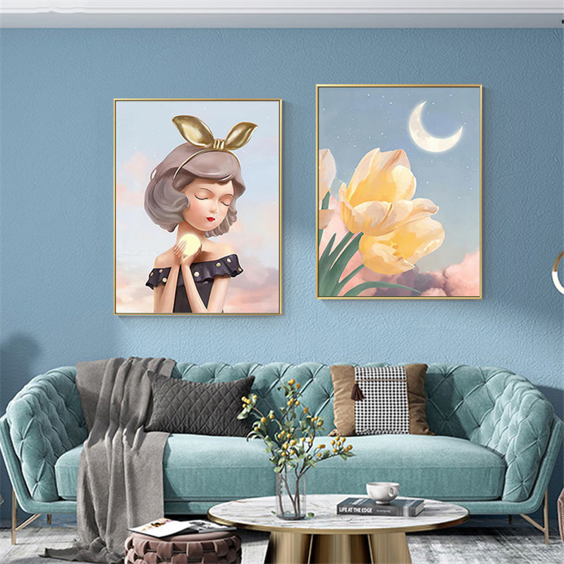 卧室床头孩向日葵装饰挂画餐厅两联组合挂画植物油画轻奢晶瓷画图片