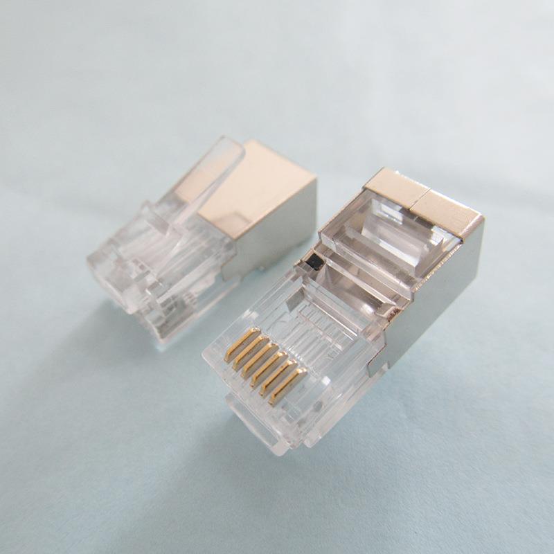 水新款芯屏蔽晶头PC包铜壳通孔ADLS6P6C屏蔽固电话线水话晶头RJ