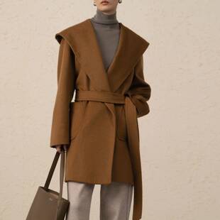 水波纹光泽感经碘版 单面连帽外套女驼色黑色毛呢骆驼绒大衣25秋冬