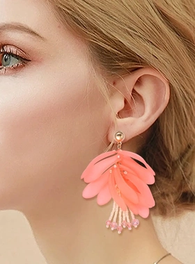 紫色流苏耳钉亚克力手工装珠重工耳环波西米亚花瓣耳坠女