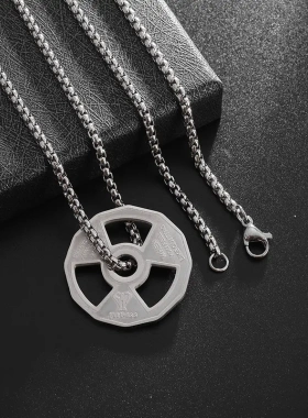 欧美新款杠铃哑铃片配饰新品不锈钢珍珠项链男士吊坠饰品颈链