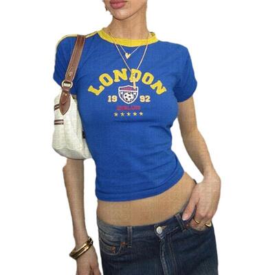 欧美 短款修身字母蓝色上衣Y2K 女士夏季款T恤 露脐性感服饰街头