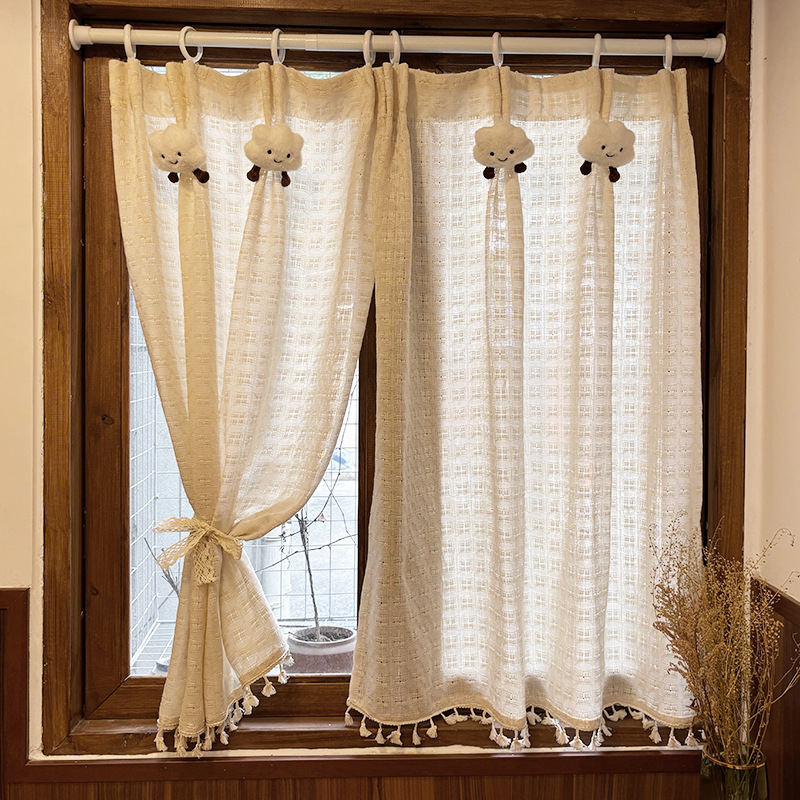 日式纱帘飘窗窗帘小窗户短帘卧室厨房隔断帘门帘半帘遮光法式遮丑