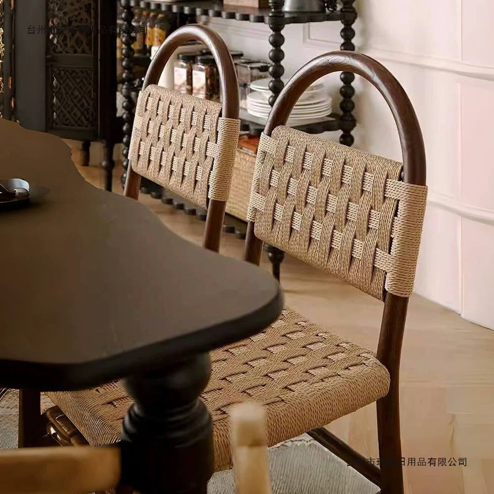 法式中古薇薇安餐椅绳编实木椅子复古客厅家用编织靠背休闲化妆椅