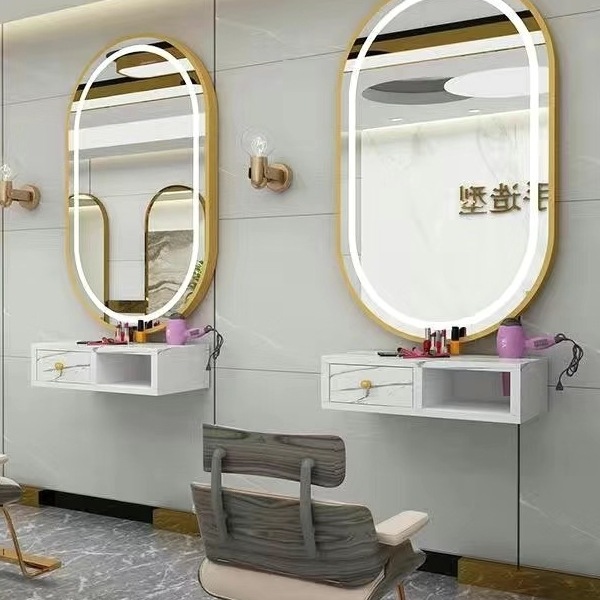 理发店镜台简约剪发镜美发店壁挂镜柜一体染烫镜网红led灯圆镜