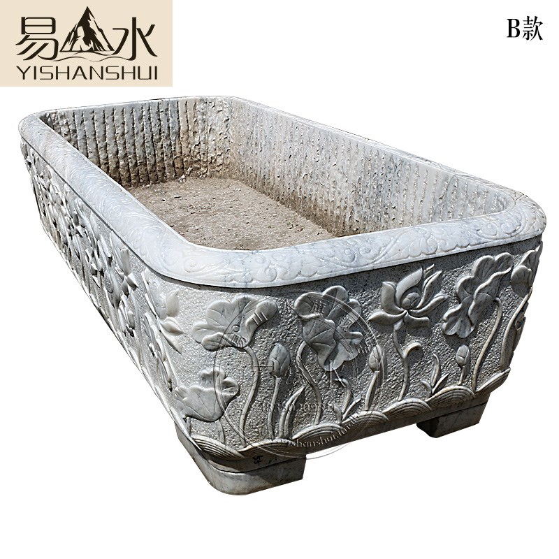 速发大理石鱼缸精雕汉白玉荷花雕刻鱼缸花盆长方形养鱼养花水缸