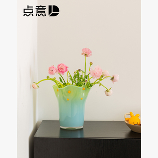 速发奶油绿蓝色白菜花瓣聚百财敞口点皱感渐花花瓶波褶大口径琉璃