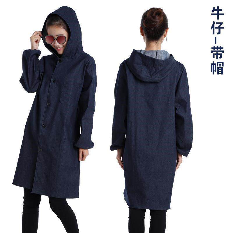 速发带帽纯棉牛仔大褂工作服男长款耐脏防尘搬运服耐磨劳保服印字
