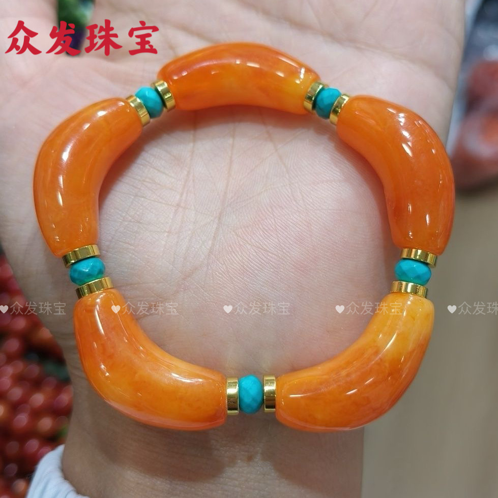 新款鸡油红蜜蜡弯管手链半镯手串腰缠万贯月牙镯百搭送女友手链