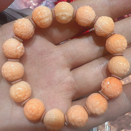 意大利深海粉色回纹手串原石雕刻笑面佛手链轻奢精致高级新款小众