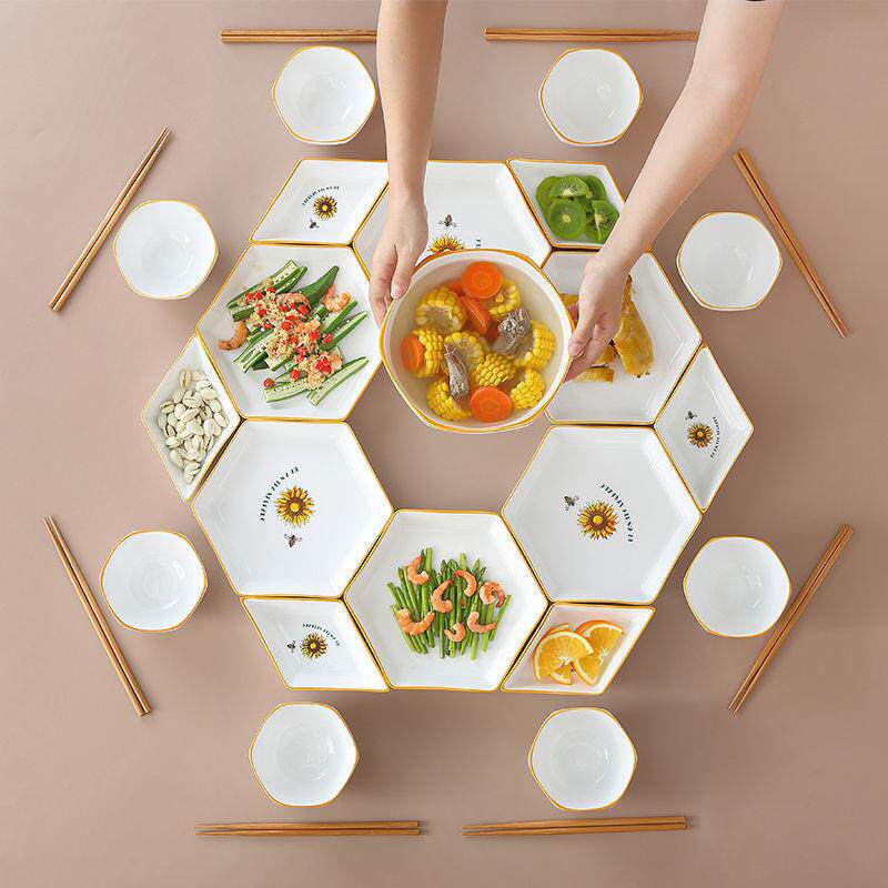 网红拼盘子碗套装家用组合少女心可爱碗筷碟盘菜六角轻奢餐具异形