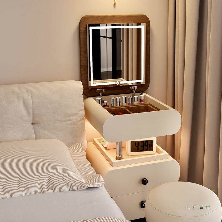 实木梳妆台卧室小型床头柜一体可移动法式奶油风小户型迷你化妆桌