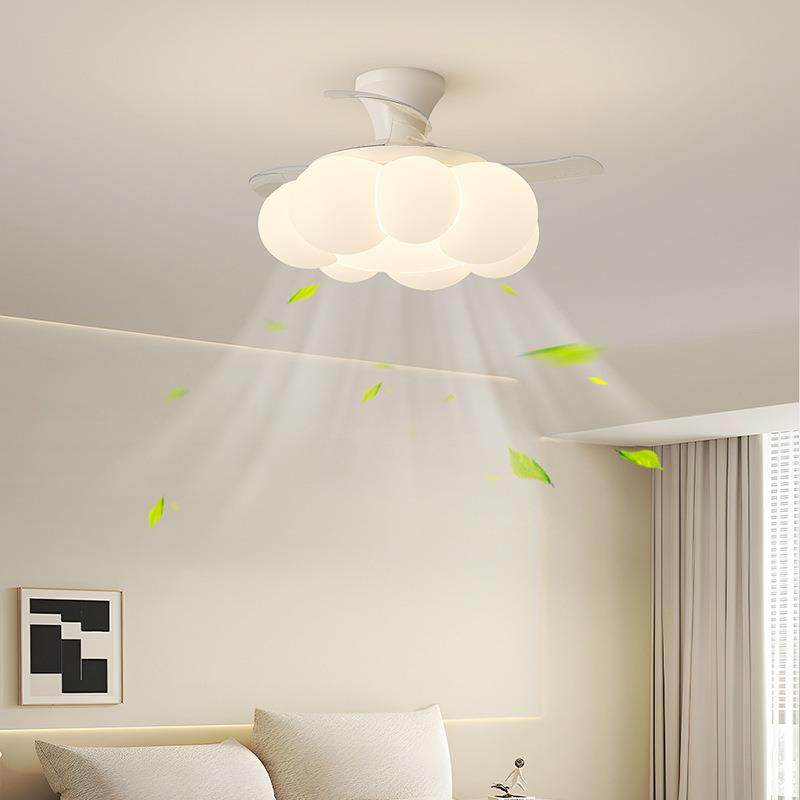 奶油风儿童房风扇灯卧室静音隐形吊扇灯卡通女孩公主房间云朵灯具