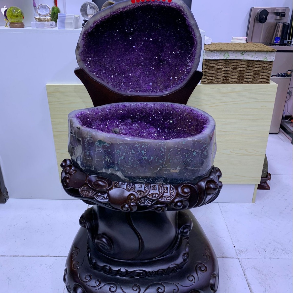 天然紫水晶聚宝盆原石办公室摆件消磁巴西乌拉圭水晶洞水晶石
