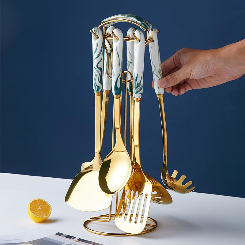 北欧轻奢风祖母绿陶瓷防烫手柄锅铲烧菜勺子厨房用具烹饪勺铲套装