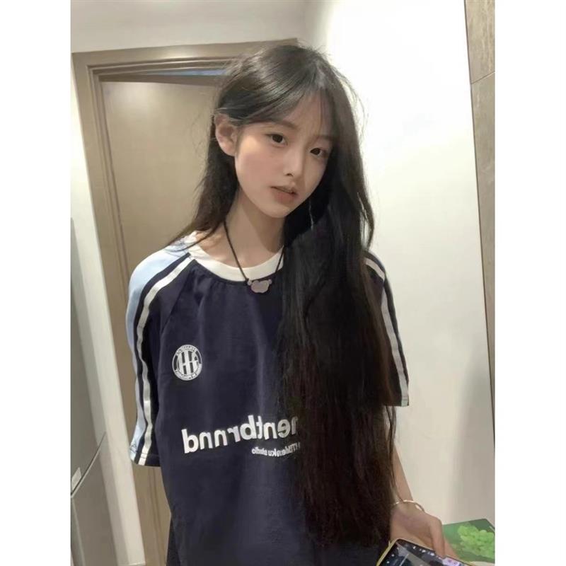 美式复古条纹短袖t恤女大童夏季新款初中高中学生宽松三条杠上衣