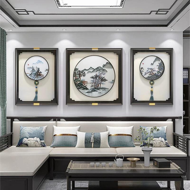 新中式客厅装画饰画高沙档发背景墙挂刺绣OXU山三联画大气书房水