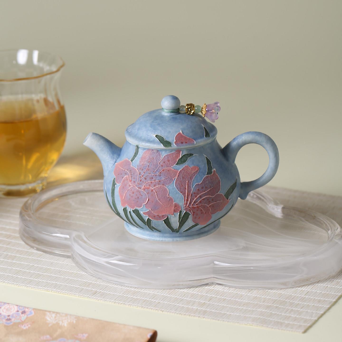 蓝哑光鸢壶尾花小潘手绘浮雕雾用茶壶茶杯陶OPM瓷家功夫茶具小单