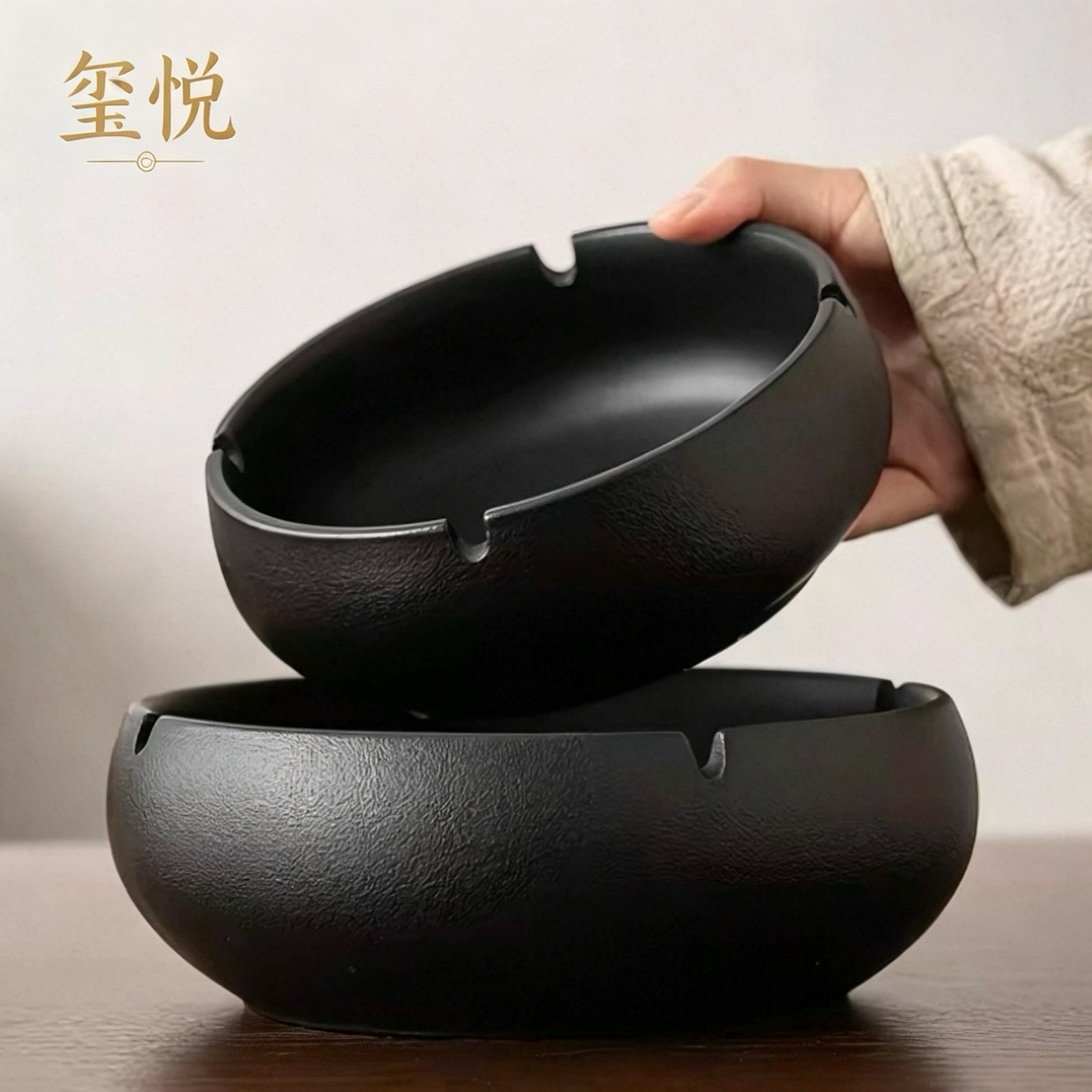 创意大号烟灰缸复古陶瓷茶室烟缸家用客厅办公室高级感中式防飞灰