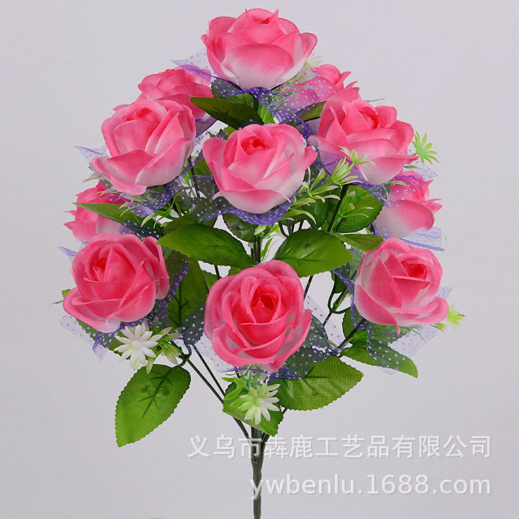 仿真花假花12朵玫瑰花束
