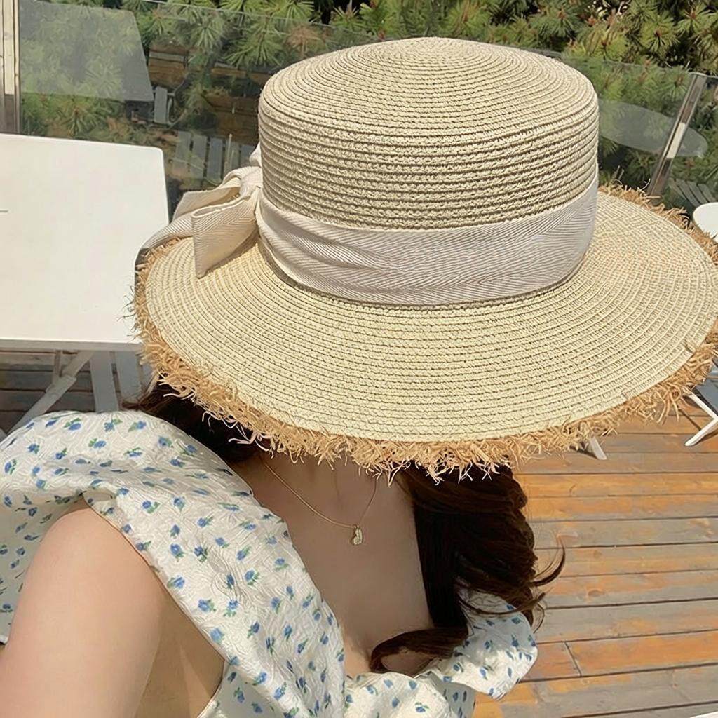 蝴蝶结草编帽子平顶拉菲草大檐防晒帽女款夏季海边氛围感沙滩草帽