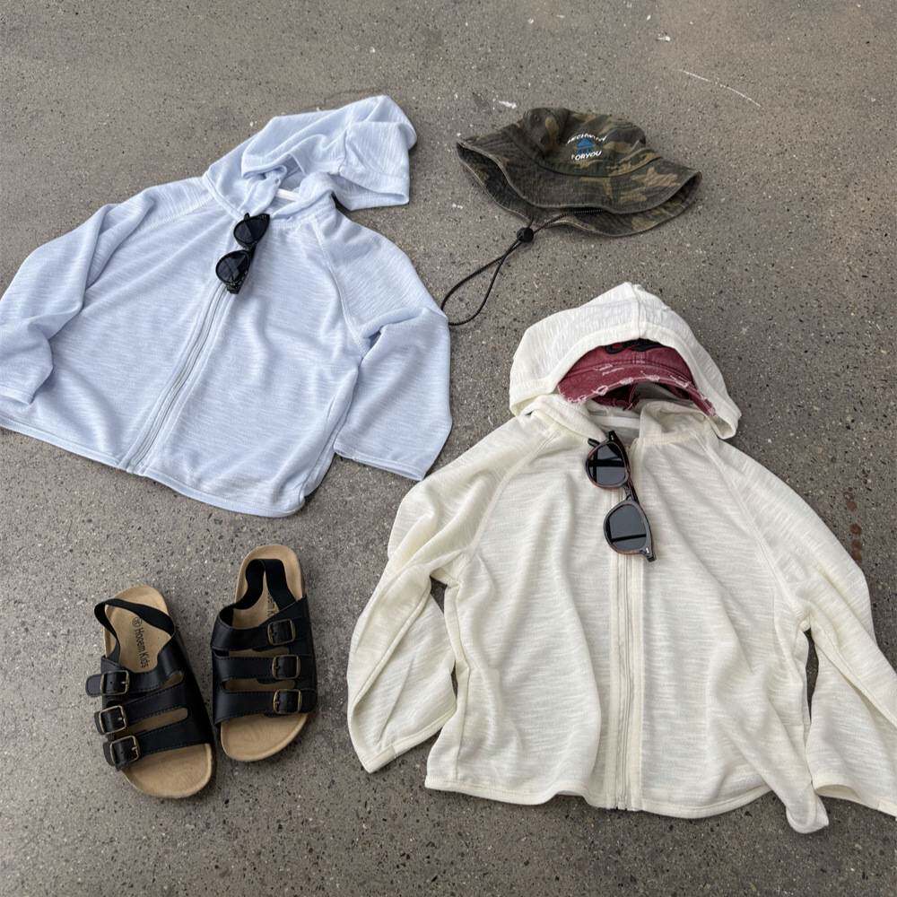 儿童夏纯色垂感针织连帽防晒服男女童竹节透气薄款外套开衫防晒衣