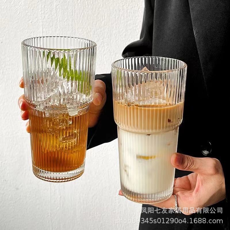 冷饮果汁咖啡杯带盖吸管杯大容量条纹玻璃杯水杯ins风杯子环保