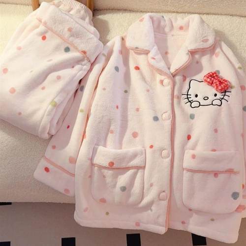 冬季保暖法兰绒女童可爱hellokitty珊瑚绒儿童睡衣女孩大童家居服