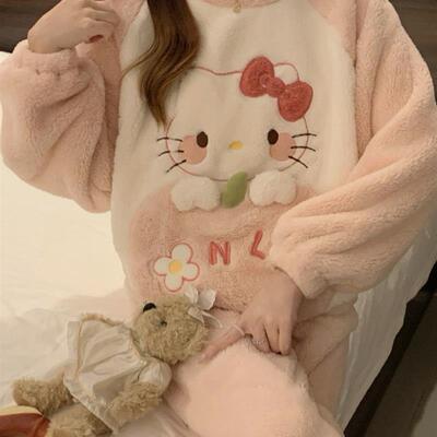 网红kt猫睡衣女款秋冬季珊瑚绒加厚加绒可爱2025新款法兰绒两件套